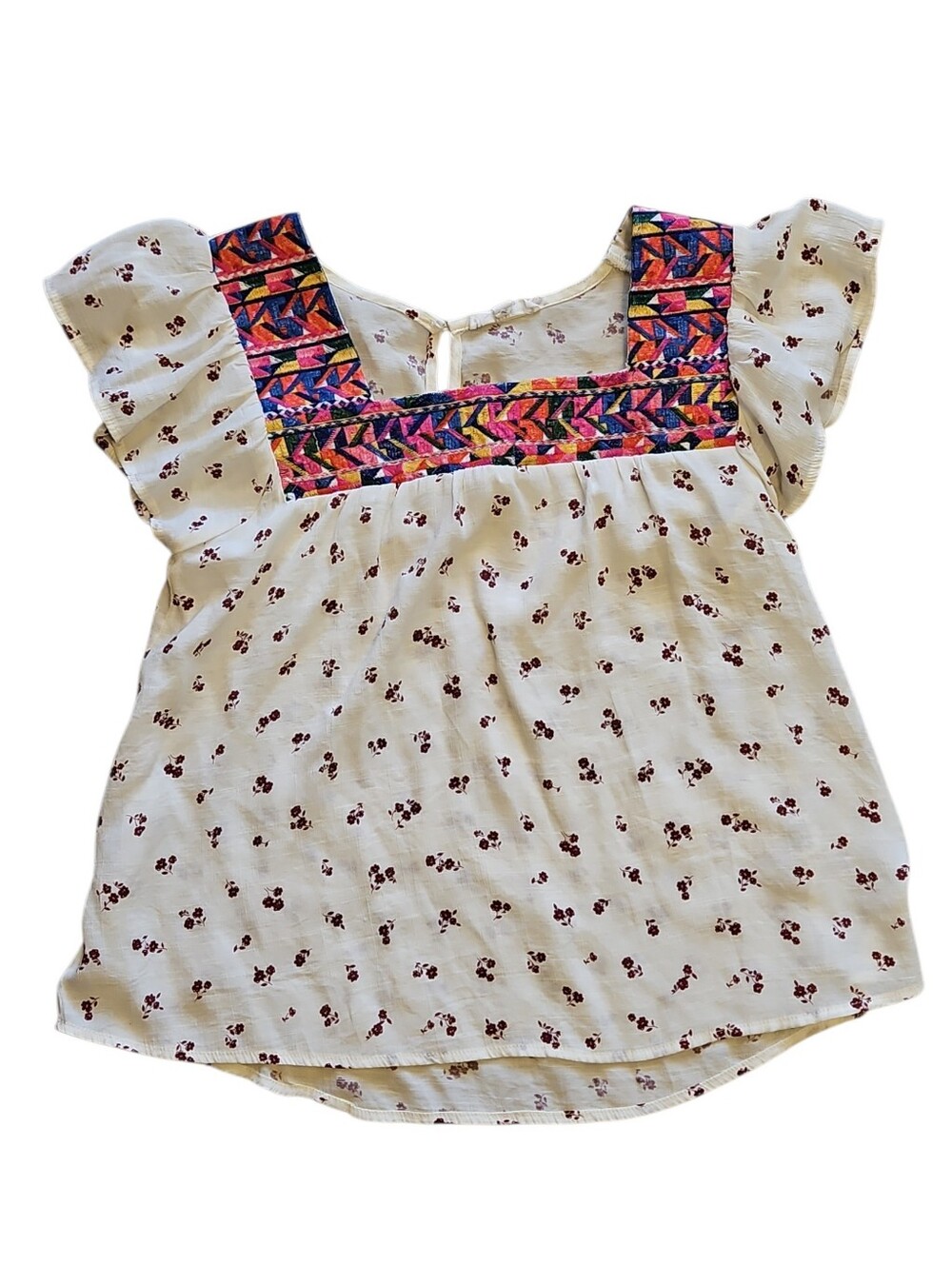 Mine Cream Floral Top with Colorful Embroidered Yoke Size Medium Burgandy Flower
